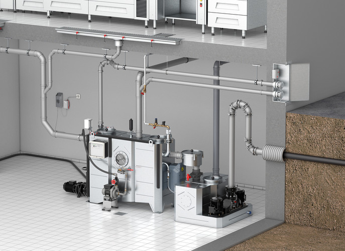 ACO Muli-Nova-S Doppelhebeanlage mit ACO LipuJet-S-Fettabscheider