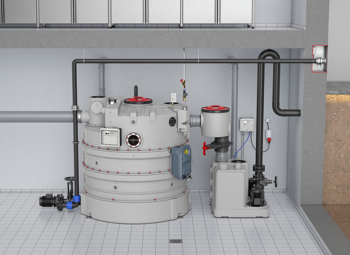 ACO Muli-Nova Doppelhebeanlage mit ACO LipuJet-P-R-FettabscheiderPumpeneinheit ACO Muli-Nova Doppelhebeanlage mit ACO LipuJet-P-R-FettabscheiderPumpeneinheit