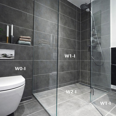 Bad mit einer Dusche und Duschabtrennung-Erklärung-Wassereinwirkungsklassen