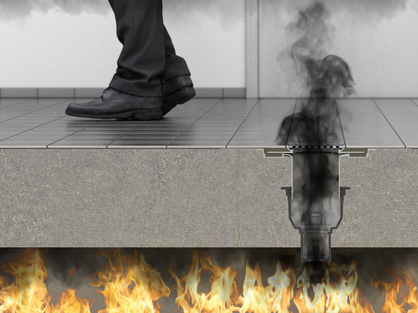 Schnittzeichnung Feuer unter einer Bodenfläche Person steht auf dem Boden Rauch steigt durch den Bodenablauf
