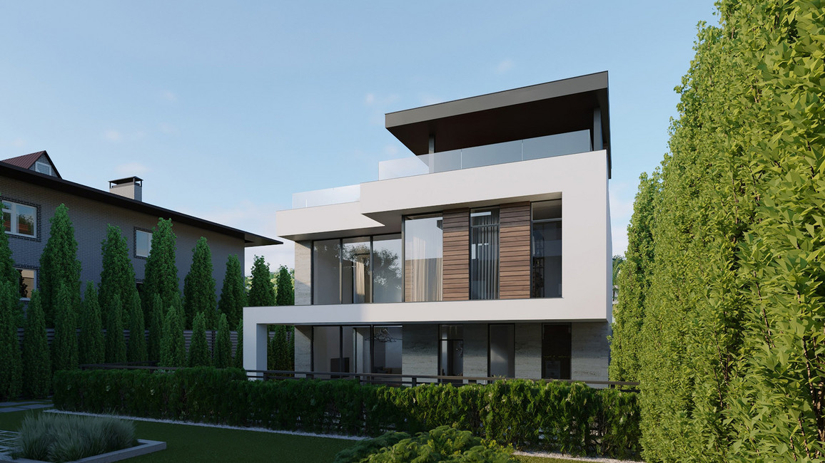 3d,Rendering,Of,A,Modern,House,With,A,Flat,Roof.