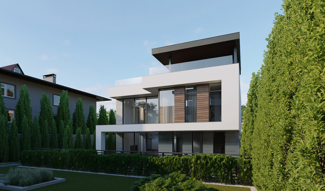 3d,Rendering,Of,A,Modern,House,With,A,Flat,Roof.