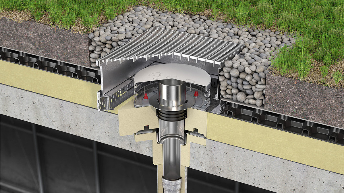 ACO Flachdach ES 2tlg Ablauf Kiesfang Betondecke Retentions Gruendach EBV V01 Kopie