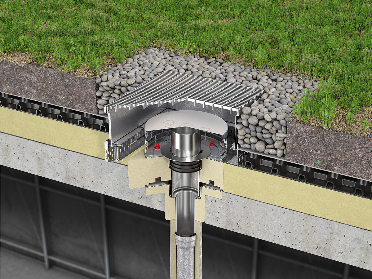 ACO Flachdach ES 2tlg Ablauf Kiesfang Betondecke Retentions Gruendach EBV V01 Kopie