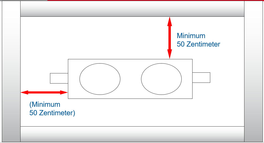 Raumbreite: Um den Leichtflüssigkeitsabscheider herum muss sich ein freier Raum von mindestens 50 cm in zwei Richtungen befinden. Sind weitere Anbauteile vorhanden, so muss dieser Raum unter Umständen noch breiter bzw. länger  ausfallen, damit eine Demontage dieser Anbauteile möglich wird.